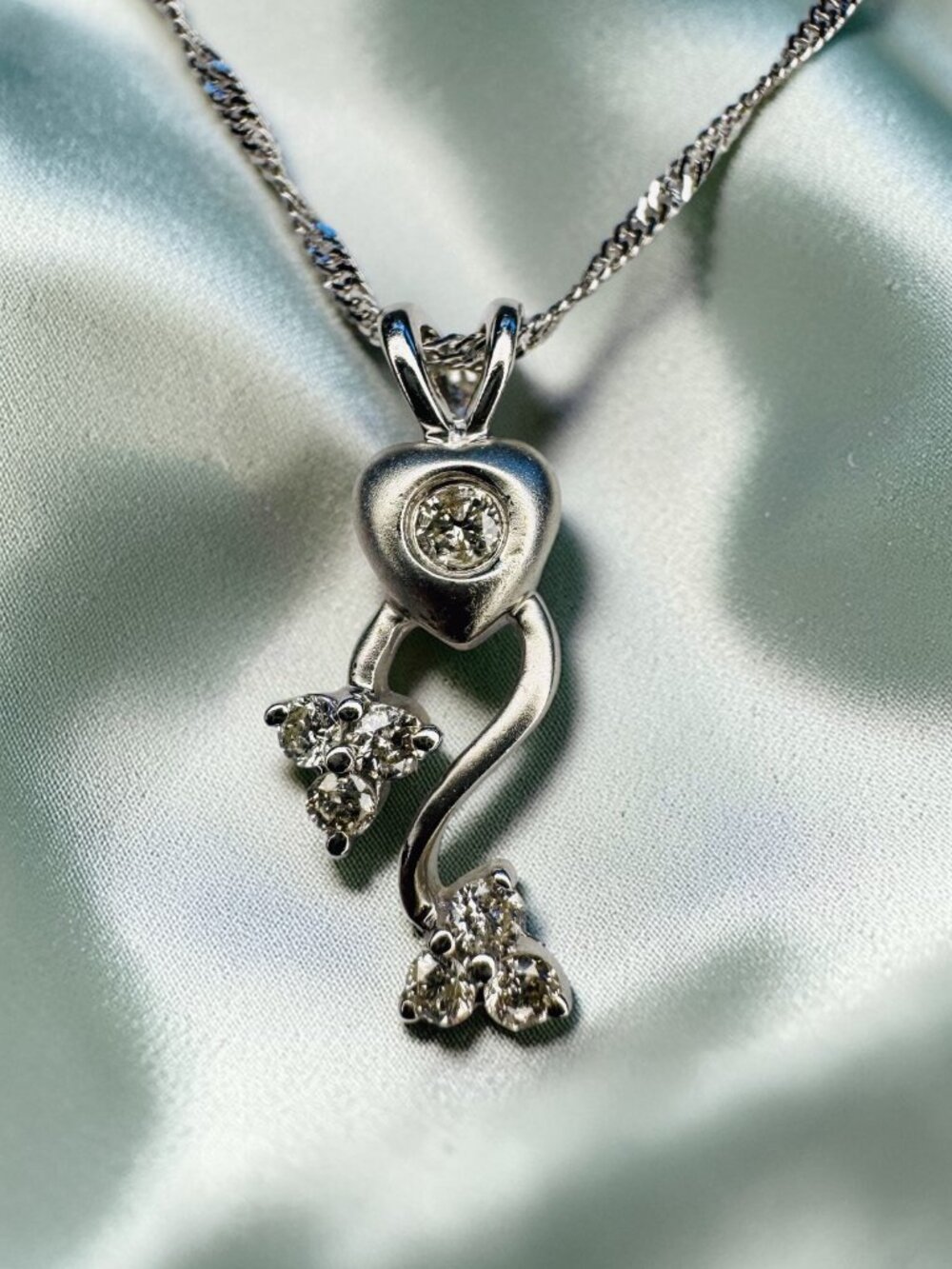 14K White Gold Natural Diamond Heart Necklace -16" Fine Diamond Necklace -2.1g